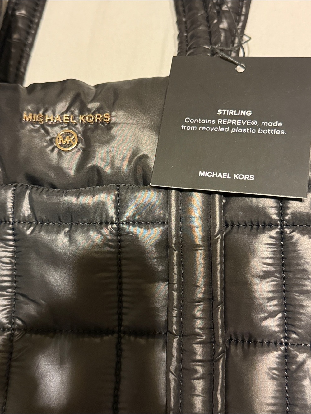 Michael Kors Black Quilted Puffer Tote with Gold Logo Charm